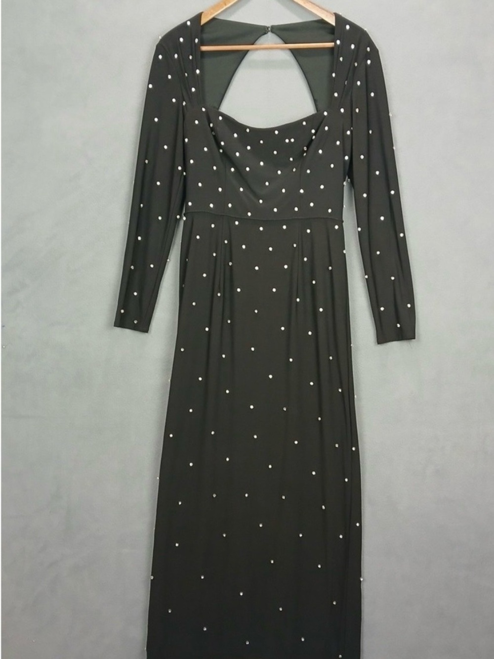 Women's Black Polka Dot Rhinestones  Long Sleeve Maxi Dress